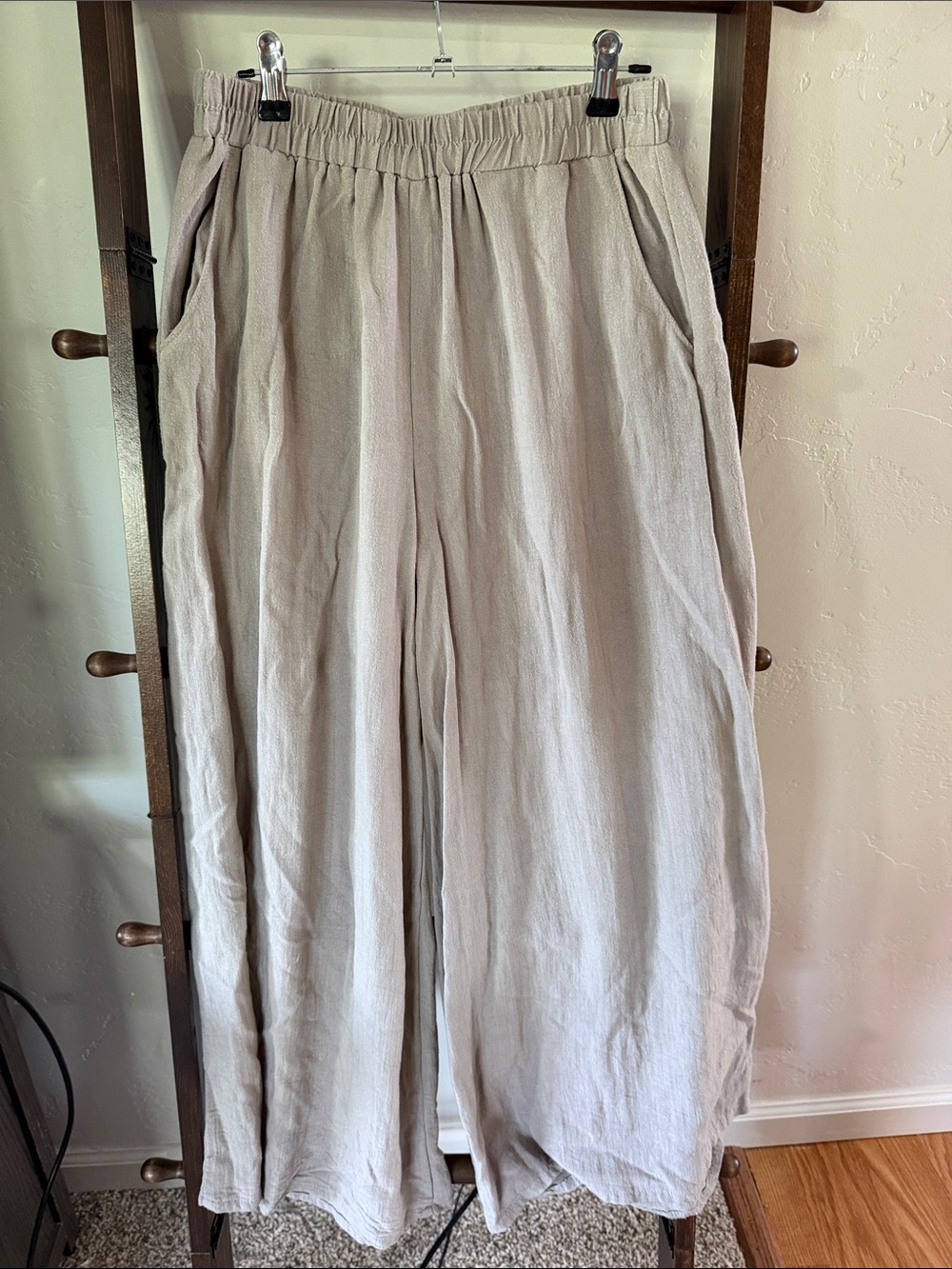Elastic Waist Linen-Blend Wide Leg Pants in Light Taupe